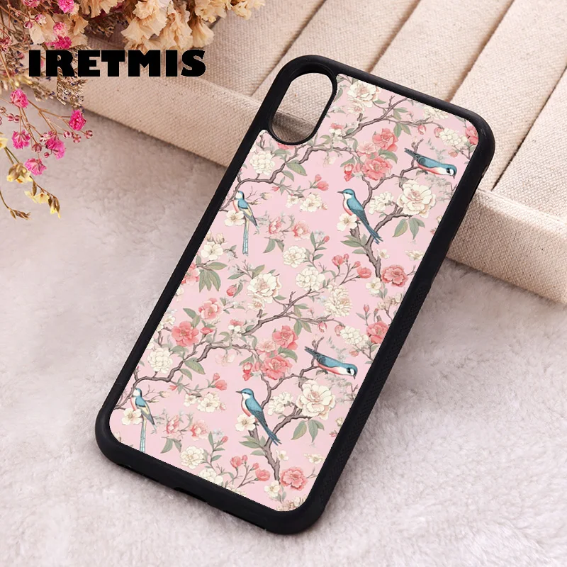 Iretmis Phone Cover Case For iPhone X XS Max XR 11 12 13 PRO MINI 14 15 16 Plus Rubber Silicone Pink Chinoiserie Birds