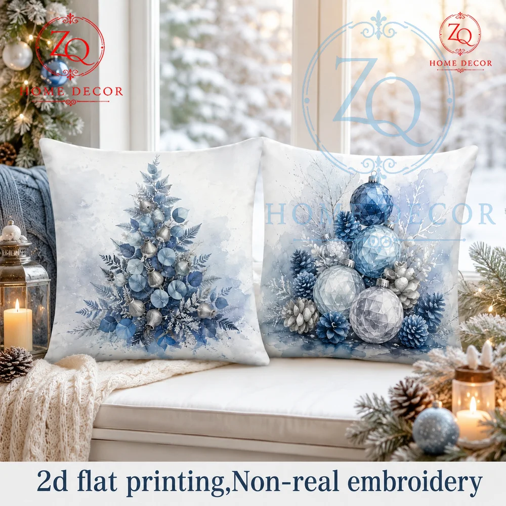 Winter Wonderland Christmas Throw Pillow Cover Blue Silver Watercolor Xmas Tree Decorative Cushion Case Couch Holiday Home Decor