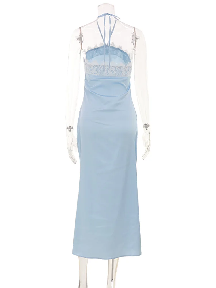 Slim Bodycon Summer Sleeveless Soft Casual Chic Bright Midi Dresses Designed For Women Street French Lace Patchwork Neck-Mounted