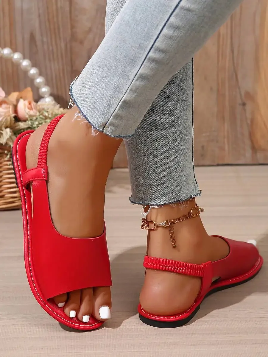 

Womens Red Solid Color Open Toe Flat Sandals Slip-On Casual Shoes