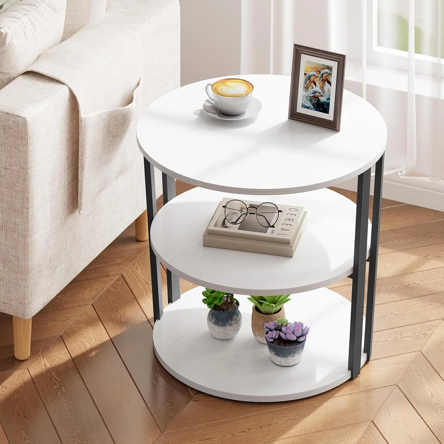 Round Side Table, 3-Tier Rotating Side Table, Big Shelf End Table Living Room with Lazy Susan, Nightstand for Small Spaces Li