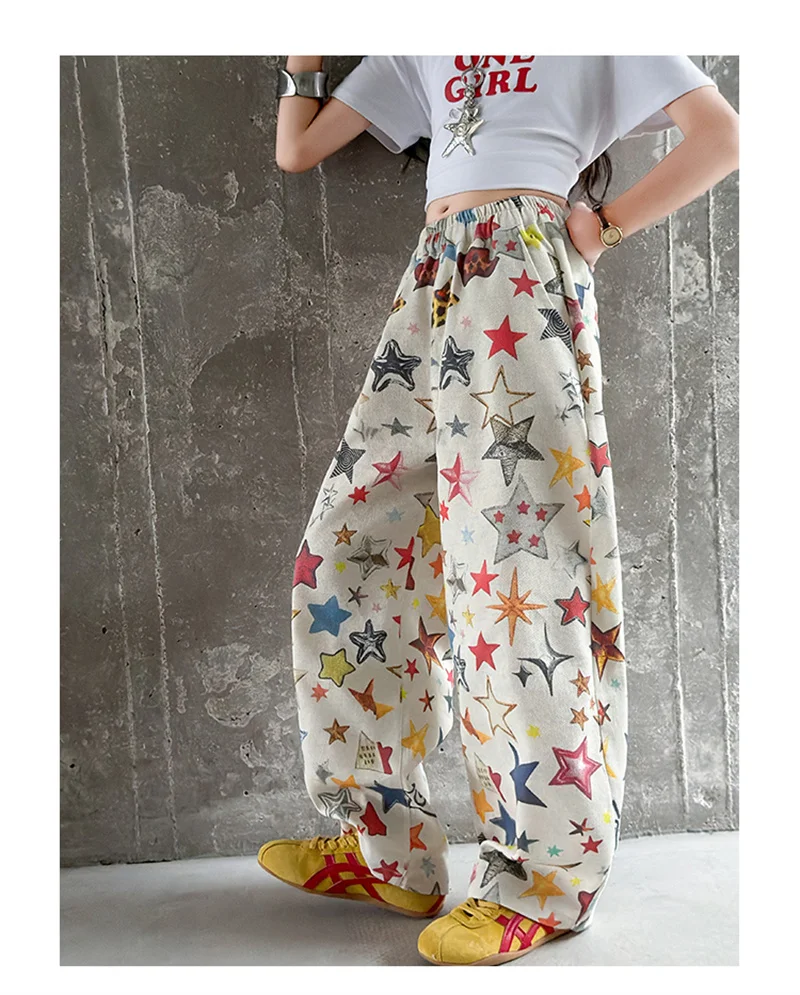 Hosen für Mädchen mit modischem Sternmuster-Print, weit geschnittene Hosen, Sommer 2026, lässige, lockere Hosen, hochwertige Teenager-Jogginghosen – Detail 4
