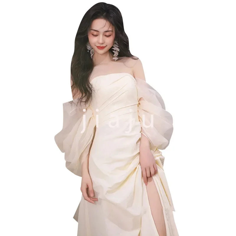 Tube top light wedding dress Bridal simple long French satin door dress Super fairy Mori morning robe dress Welcome