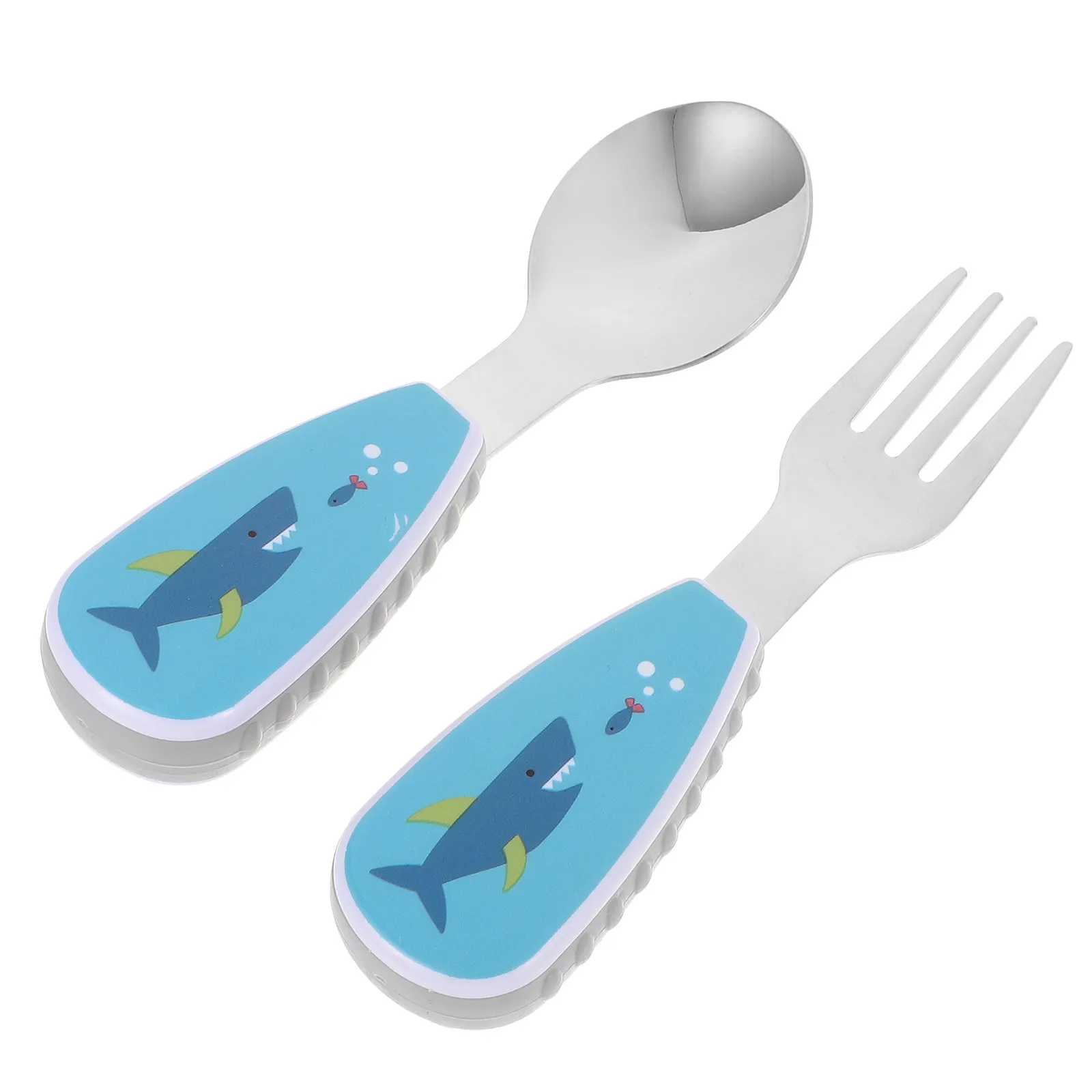 

1Set Baby Spoon Fork Set Curved Head Short Handle Stainless Steel Plastic Feeding Dinnerware Supplies