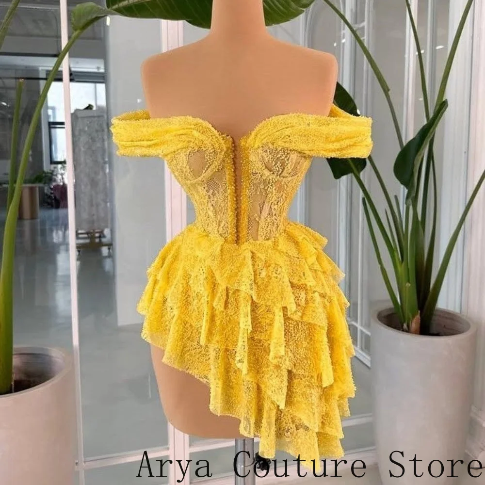 Yellow Homecoming Mini Dress Off-the-shoulder Lace Boned Corset Bodice Multi-layer Uneven Ruffle Skirt Short Cocktail Dresses