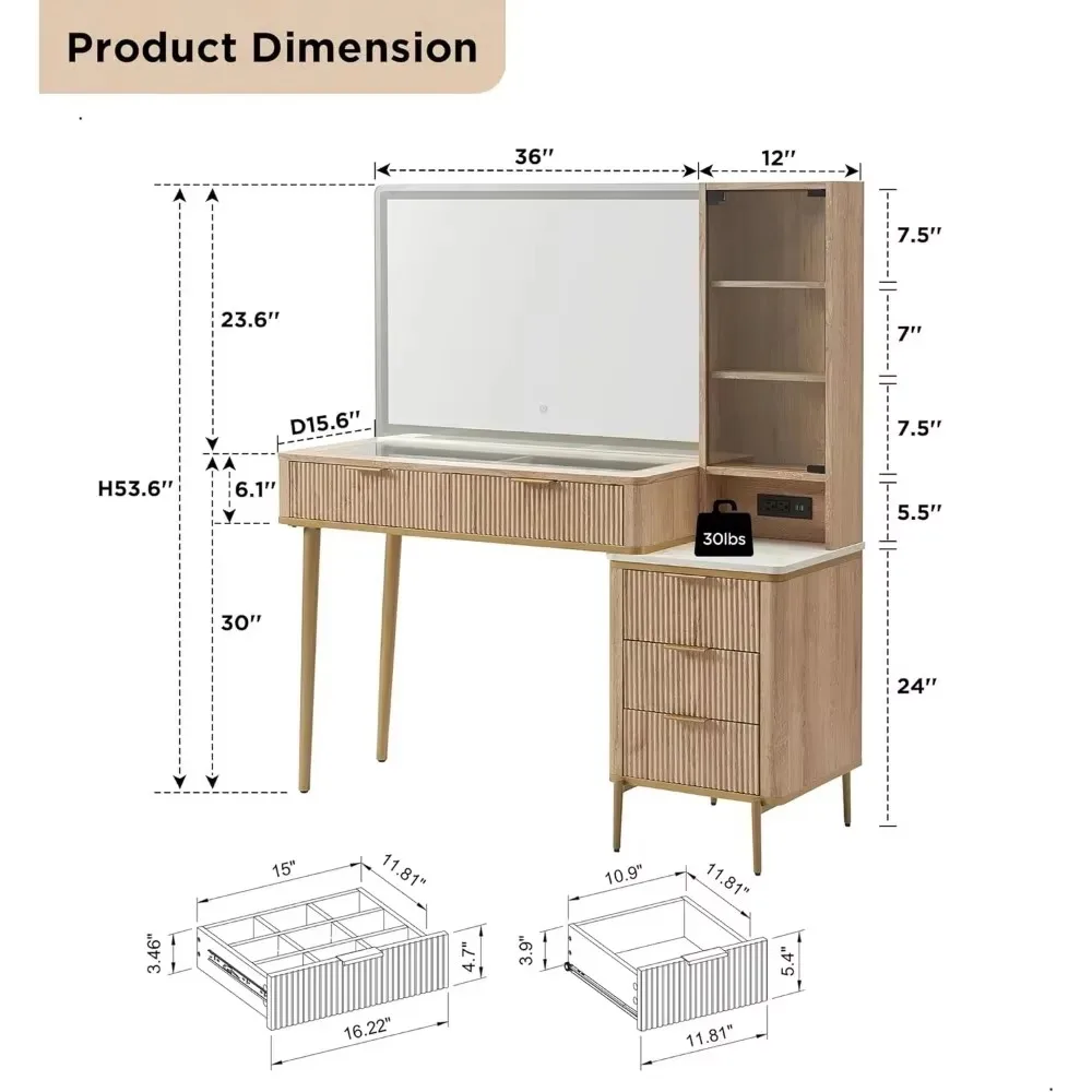Vanity Desk with 36" HD Lighted Mirror,48" Big Modern Vanity Desk with Mirror and Lights,Dressing Table with 5 Drawers & Shelves image 6