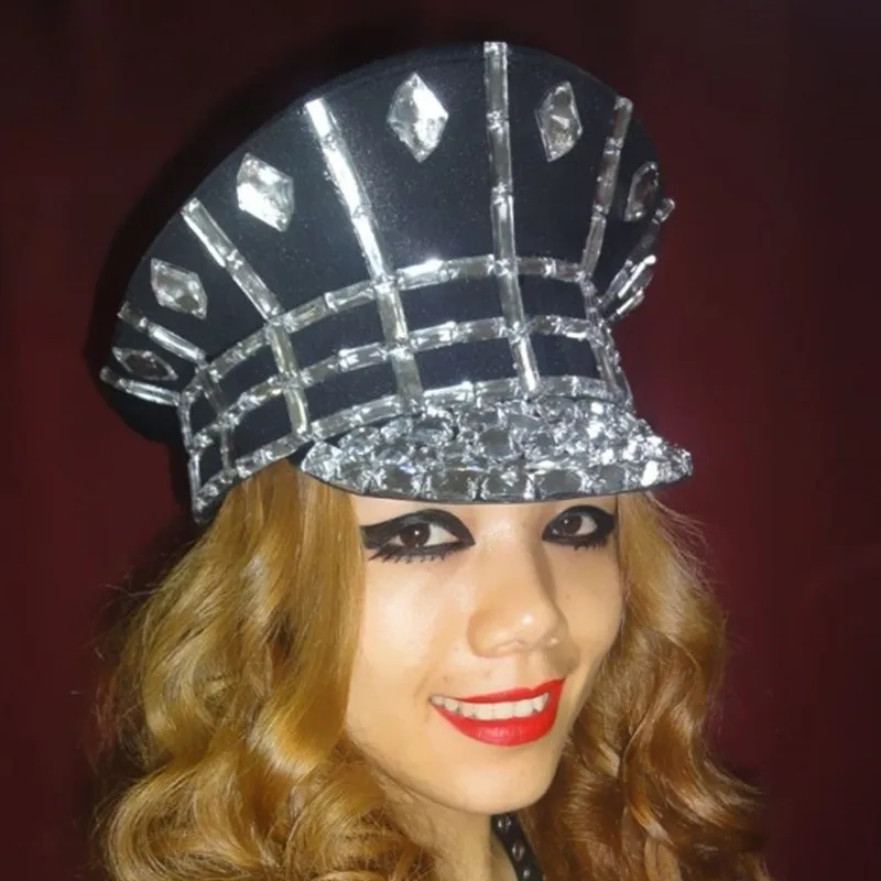 Kostium Ds Bling Baby Błyszcząca Czapka Diamentowa Cyrkonia Czarno-Białe Czapki Wojskowe Roupa Feminina Stroje Taneczne Strój Rave