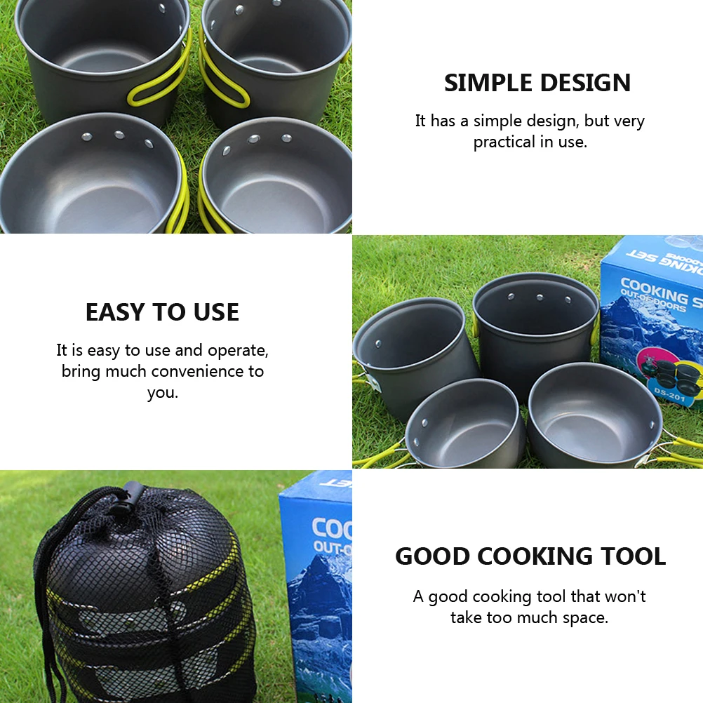

4 pcs Camping Pot Set Aluminum Alloy Outdoor Cookware Utensils Lightweight High Temp Resistant Easy for Hiking
