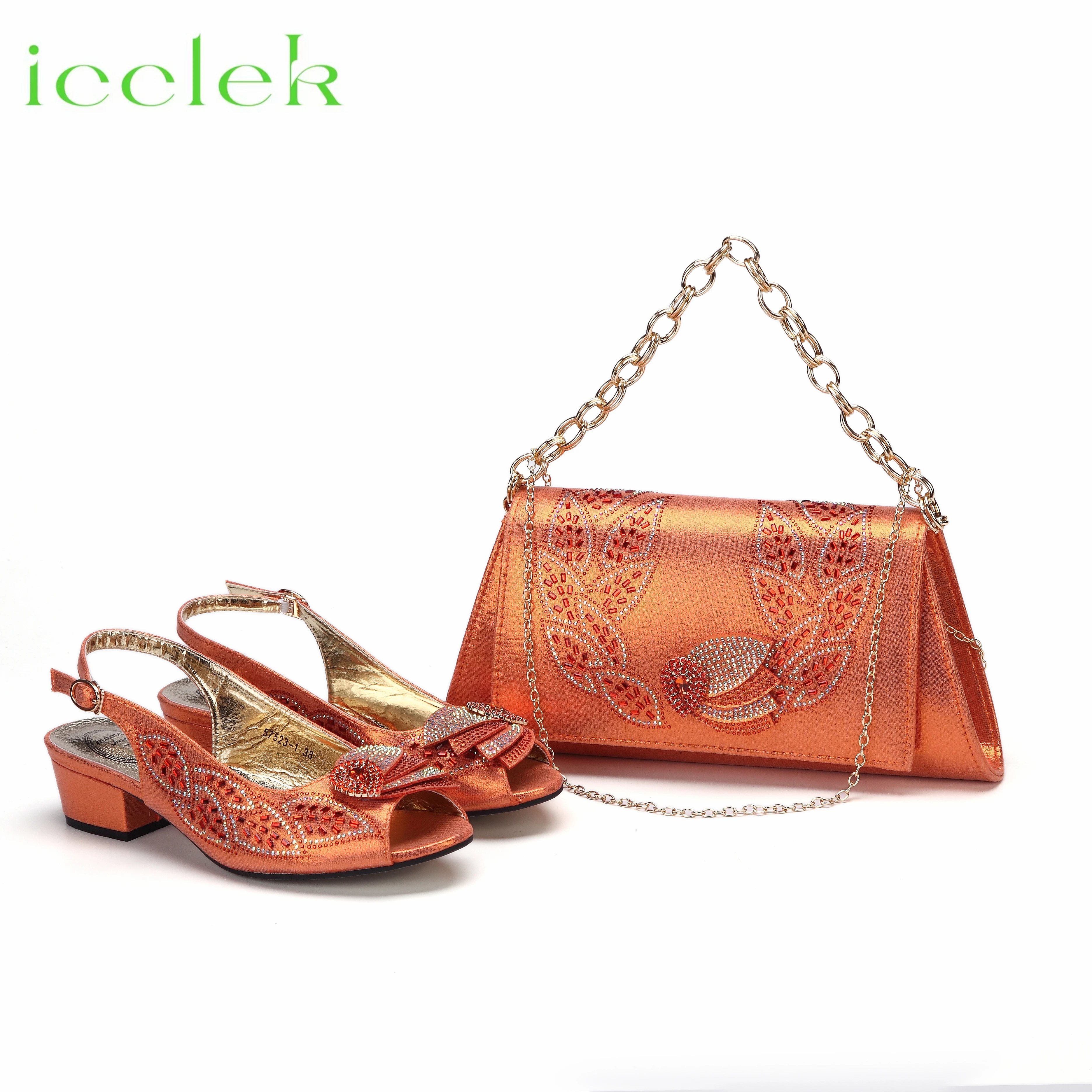 

Orange Sandals for Women 2023 Luxury Wedding Pumps Low Heels Rhinestone Design Party Shoes and Bags Set