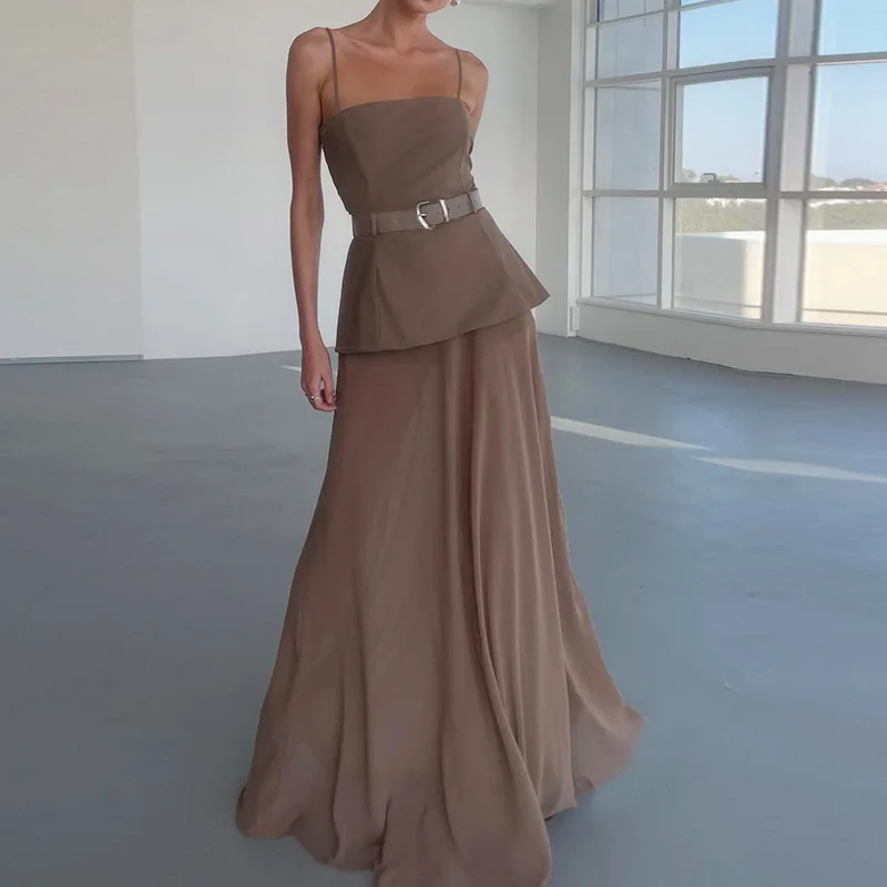 YJ25287DGO جديد طويل مثير أنيق ركاب نمط شبكة المرقعة فستان بحزام