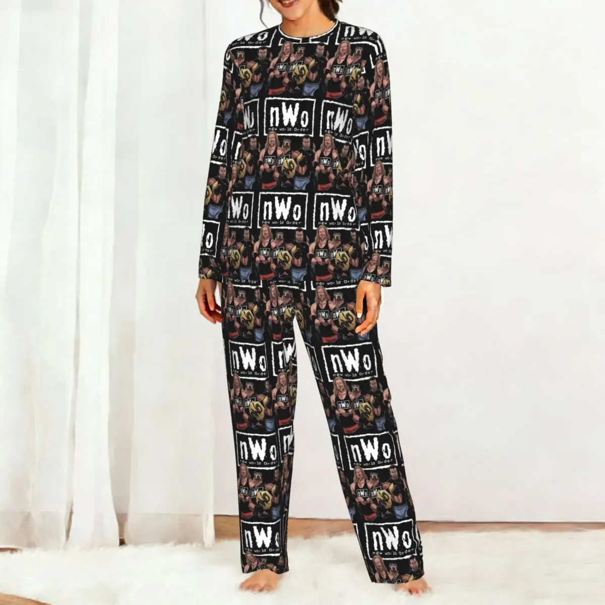 Wrestler NWo New World Order The Third Man Round Neck Long Sleeve Nightgowns for Sleepshirts Women Loose Pajama Set Long Pants