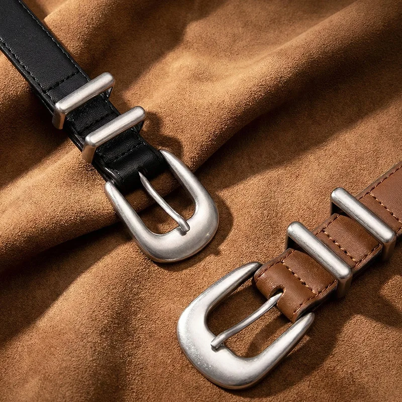 Womens Skinny Leather Belt Ladies Thin Faux Leather Belt with Silver Buckle for Jeans Dress Pants
