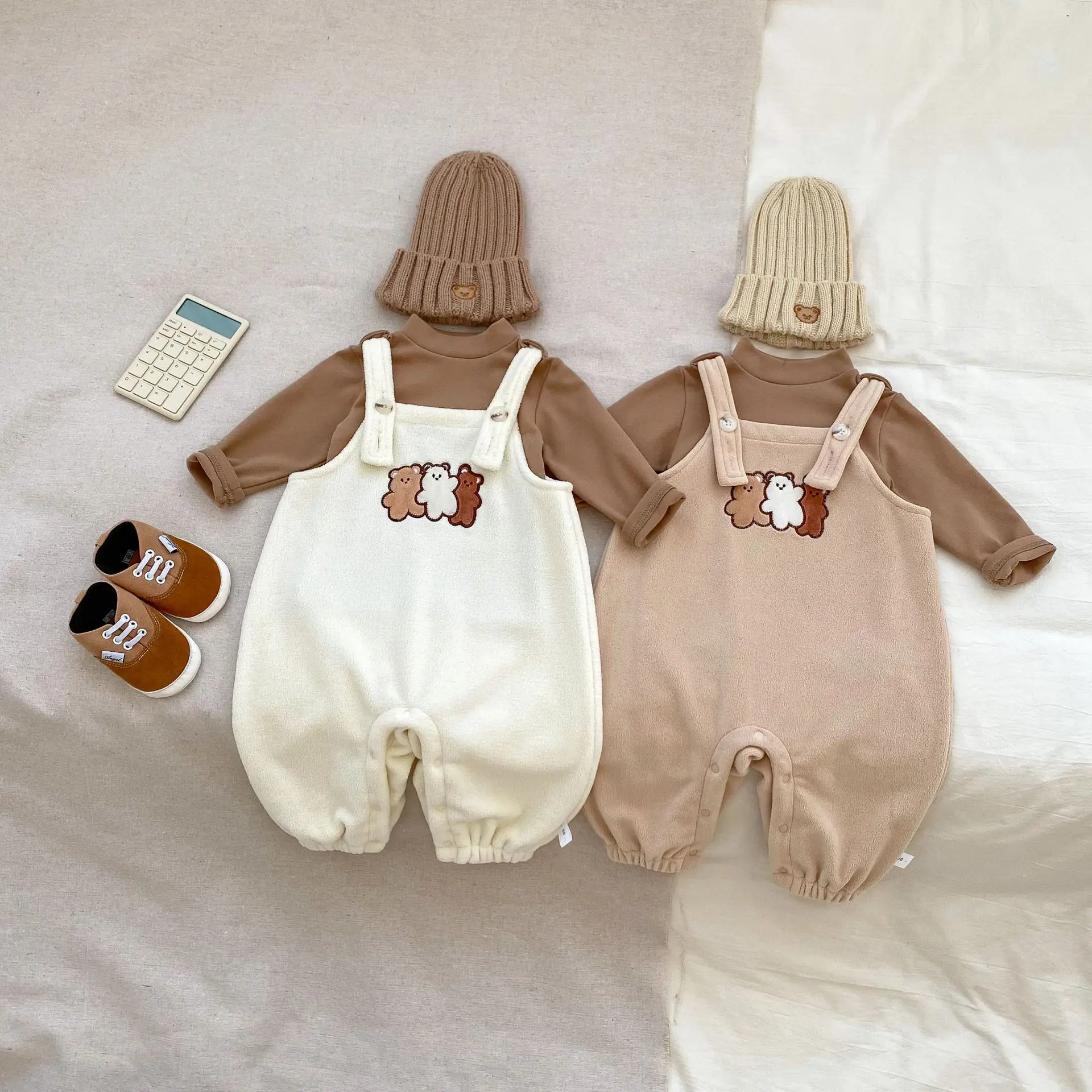 2024 Autumn Winter Baby Boys 2PCS Clothes Set Cotton Solid Tops Fleece Cartoon Suspender Pants Suit Toddler Boys Outfits