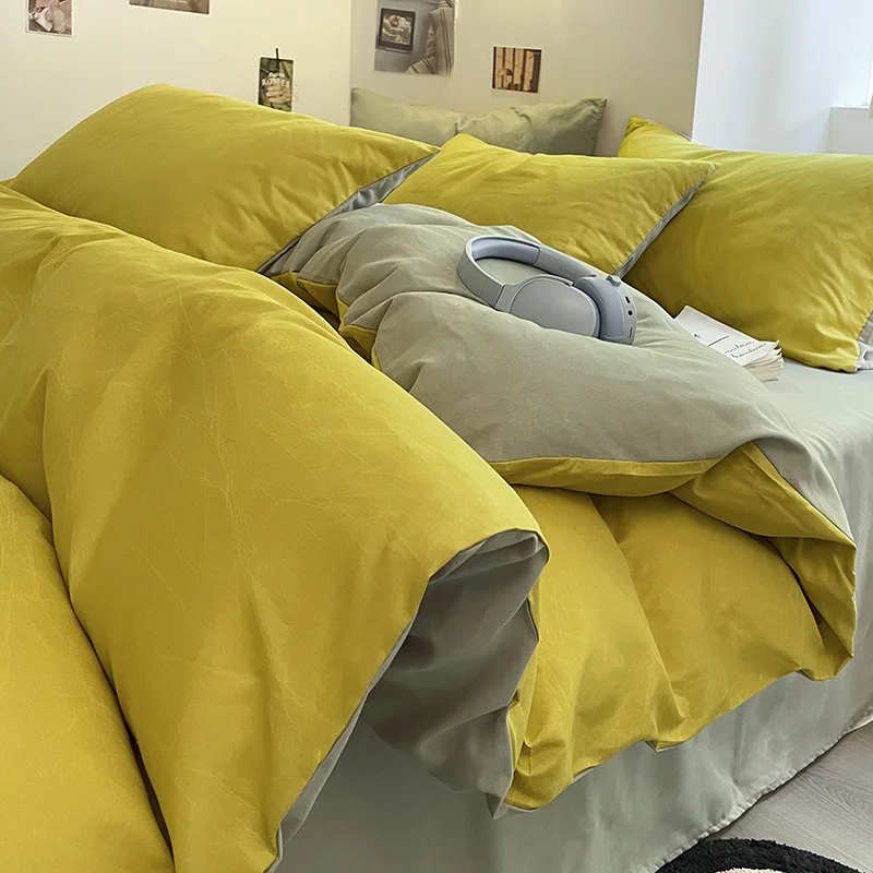 Japanese Style Washed Cotton Solid Color Bedding Set Thickened Brushed Duvet Cover Sheet Student Dormitory 3 4 Piece Set