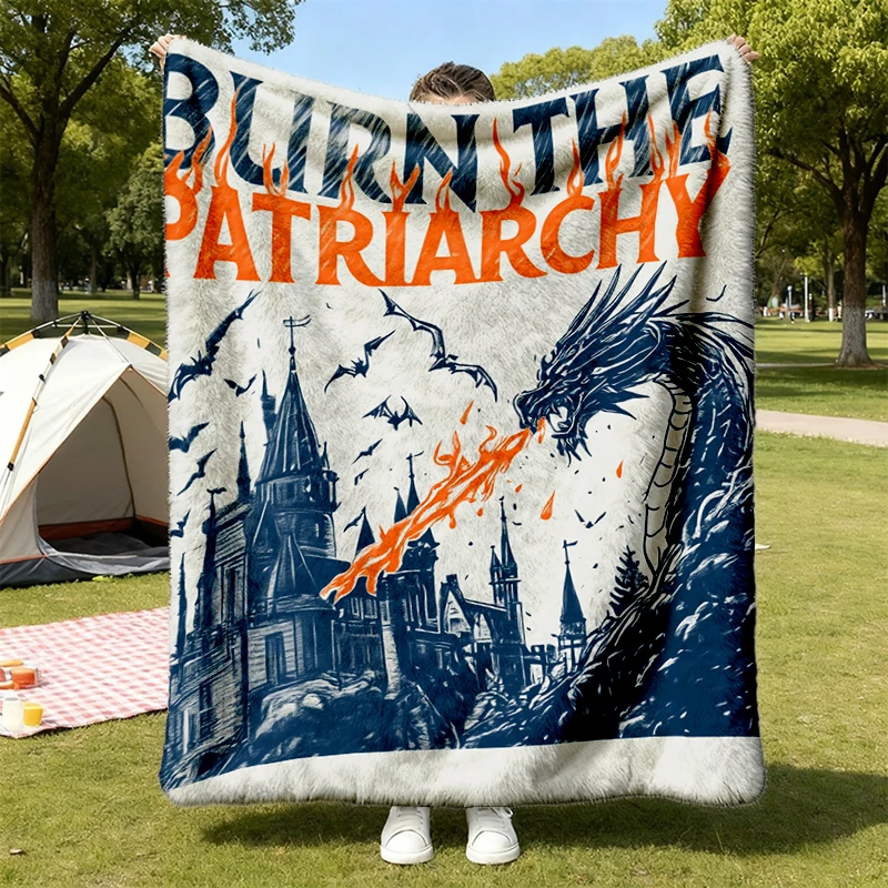 Burn The Patriarchy Flannel Blanket, Feminist Dragon Flannel Throw, Vintage Protest Cozy Blanket