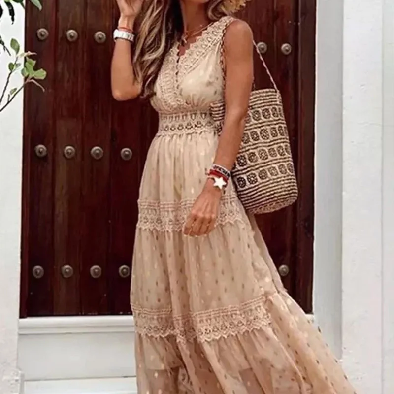 Casual Boho Holiday Women's Summer Long Dress Sexy Deep V Sleeveless Backless Beach Sundress Patchwork Elegant Maxi Dresses