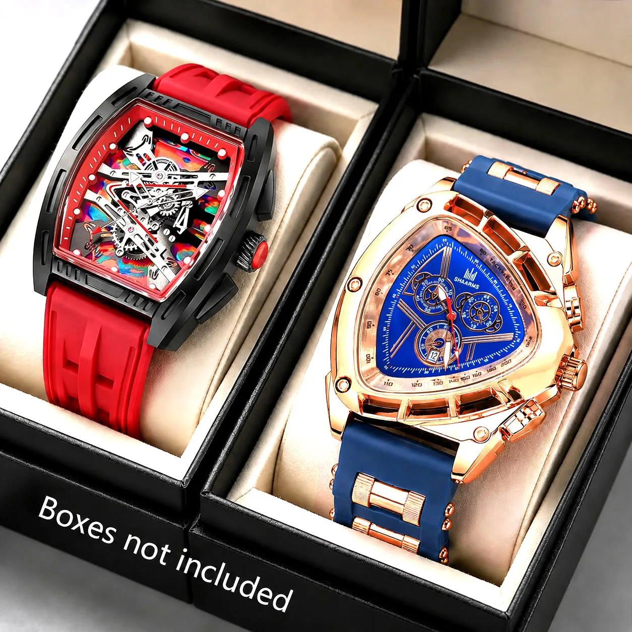 2Pcs Couple Watch Set Fashionable Casual Silicone Strap Barrel-Shaped-Triangular Case Quartz Movement Halloween Valentine's Day Gift