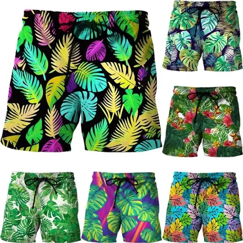 3D Printing Summer Hawaiian Style Beach Shorts Palm Flower Pattern Casual Unisex Board Shorts Quick Dry Men Swimming Trunks