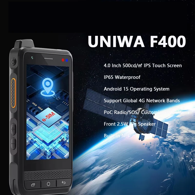 UNIWA F400 A 4G Zello POC Walkie Talkie Global Rugged PDA Android 15 4 Inch 4GB+64GB 2.5W Big Speaker 4350mAh PoC SOS Button NFC