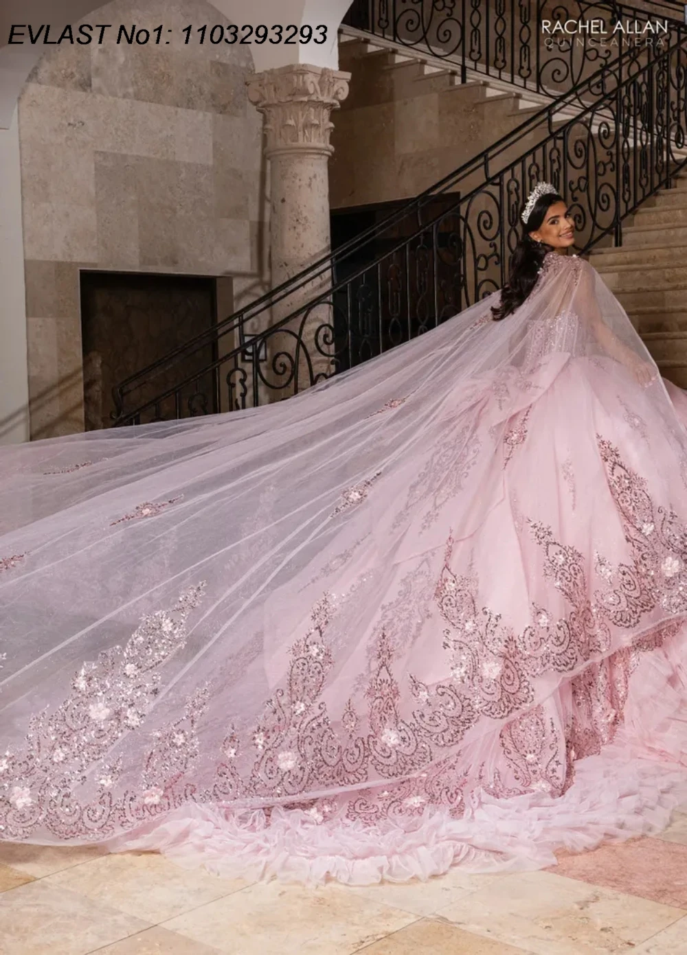 EVLAST 맞춤형 글리터 핑크 퀸세아네라 드레스 볼 가운 플로럴 아플리케 비딩 러플스 스위트 16 베스티도스 데 15 아뇨스 E1QN759