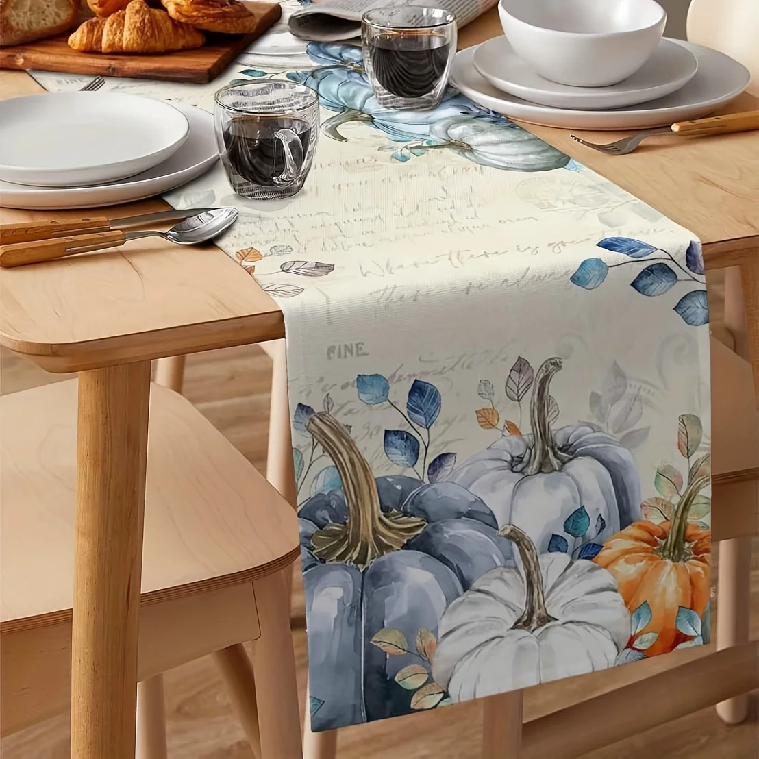 1 Piece of Halloween-Themed Table Runner, Blue Pumpkin and Green Eucalyptus Leaf Design, Suitable for Parties, Restaurants, Homes, Markets, and Holiday Decoration Scenes.