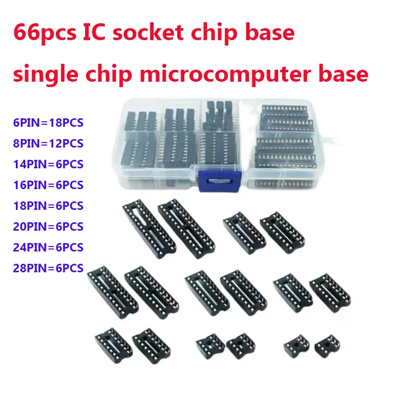 66PCS/Lot DIP IC Sockets Adaptor Solder Type Socket Kit 6P 8P 14P 16P 18P 20P 24P 28P