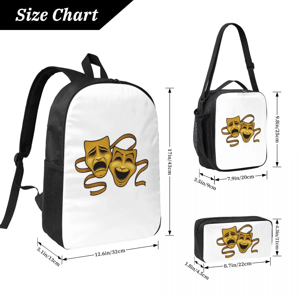 Gold Comedy And Tragedy Theater Backpack Boys Girls BookBag School Bag Laptop Shoulder Bags 3ps Insulated Lunch Bag Pencil Case view 2