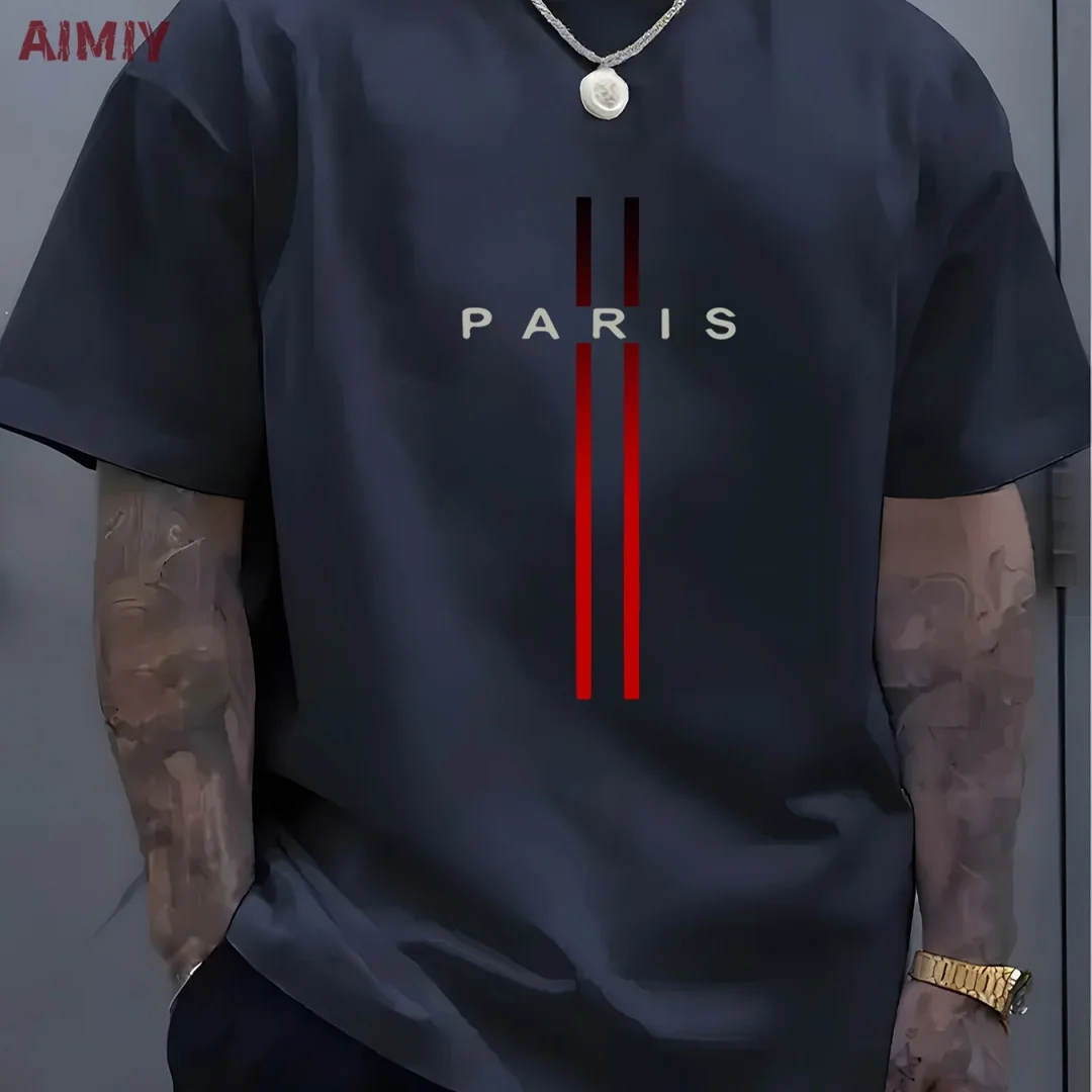 Summer Men's T-shirt Top Casual Loose Fit Oversized T-shirt PARI Letter Pattern Printed Round Neck Short Sleeved Homme Vêtement