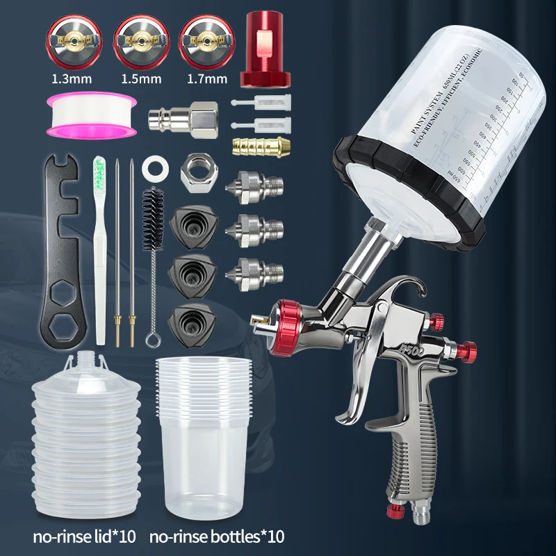 

Пистолет для покраски HVLP R500 с бачком 600 мл и соплами 1.3 мм, 1.5 мм, 1.7 мм. Профессиональный пистолет для покраски автомобилей.