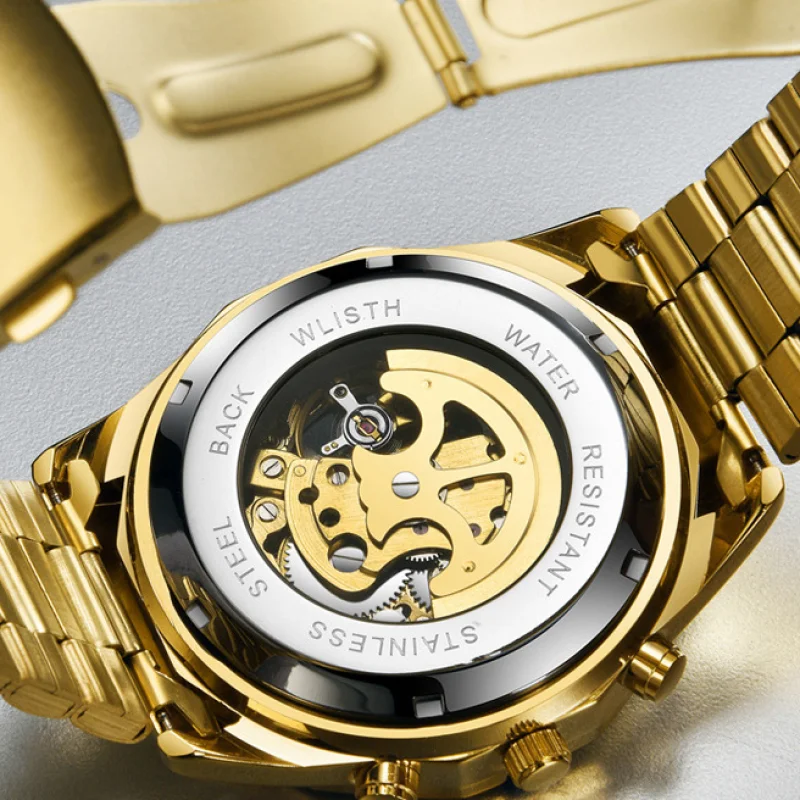 Full Gold Skeleton Mechanical Watches for Men Fashion Irregular Automatic Watch Luxury Brand Stainless Steel Strap 2024