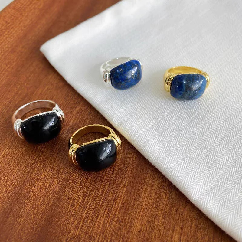 

Brass Chunky Natural Stone Solid Rings Women Jewelry Punk Designer Club Cocktail Party Boho Japan Korean