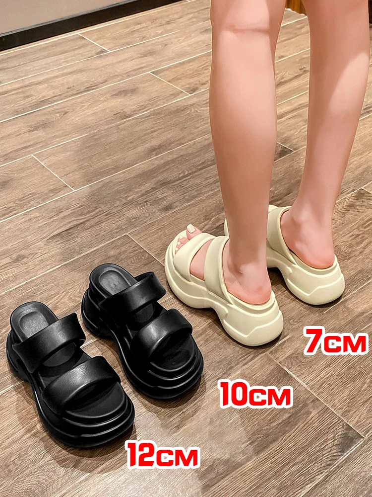 

Женские тапочки на платформе 12 см, сандалии на массивной подошве, тапочки-лифты из натуральной кожи для улицы, туфли-лодочки высокого качества 7 см