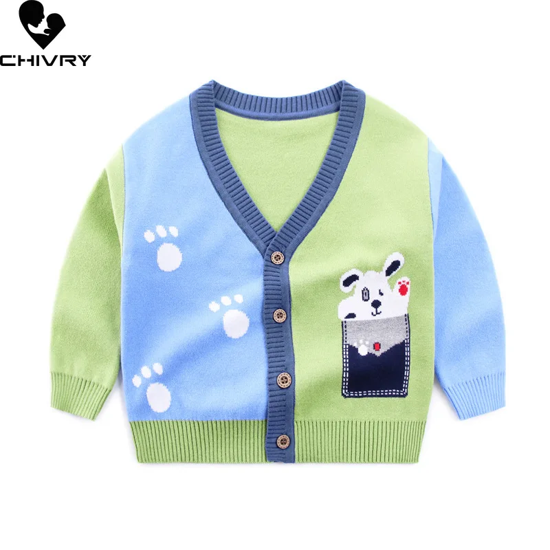 New Autumn Winter Kids Cardigan Sweater Baby Boys Cartoon Dog Jacquard Single-breasted V-neck Knitted Cardigans Coat Outerwear