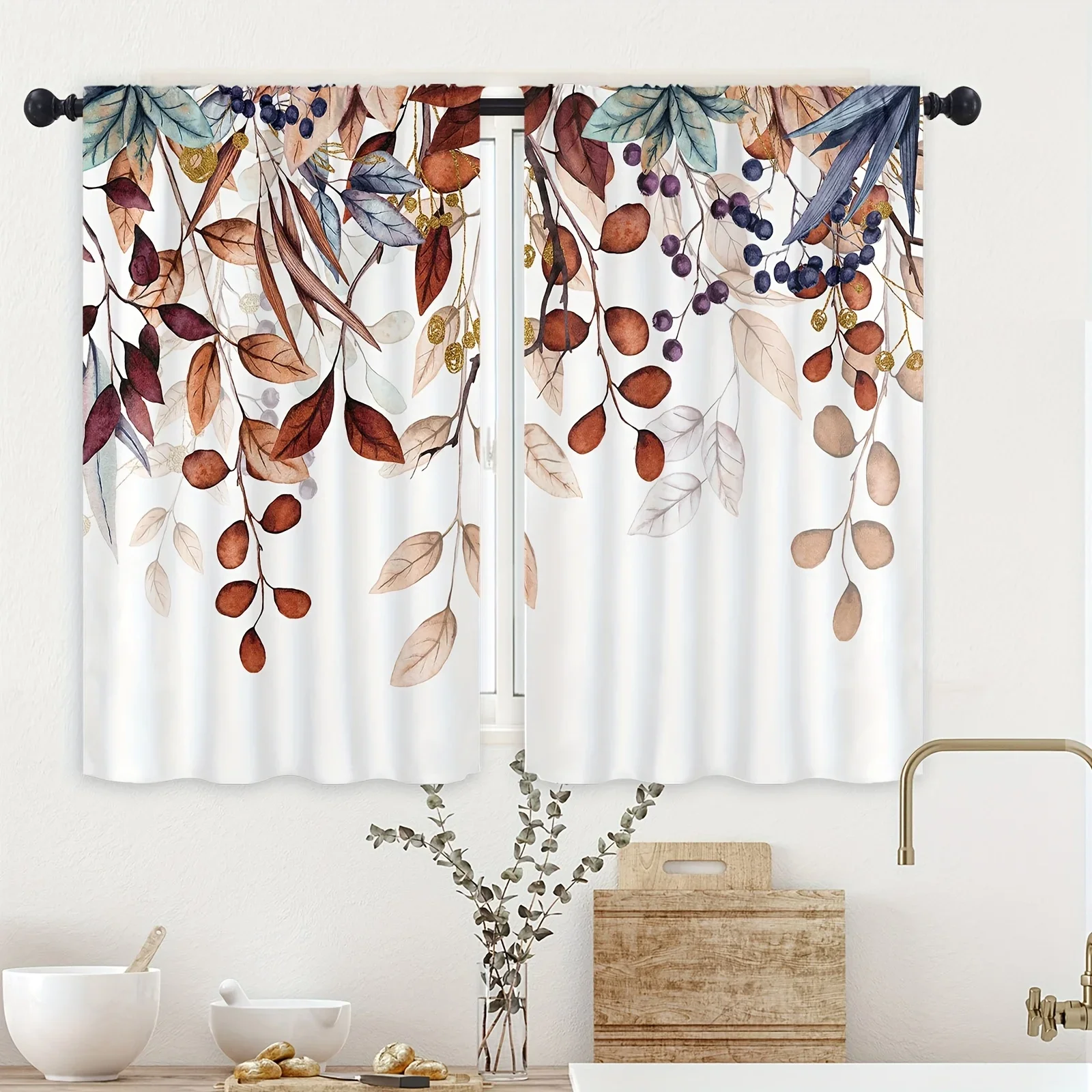 

Vintage Leaf Pattern Semi-Sheer Kitchen Tiers Curtains Farmhouse Country Orange Plant Design Short Cafe Curtains with Rod Pocket