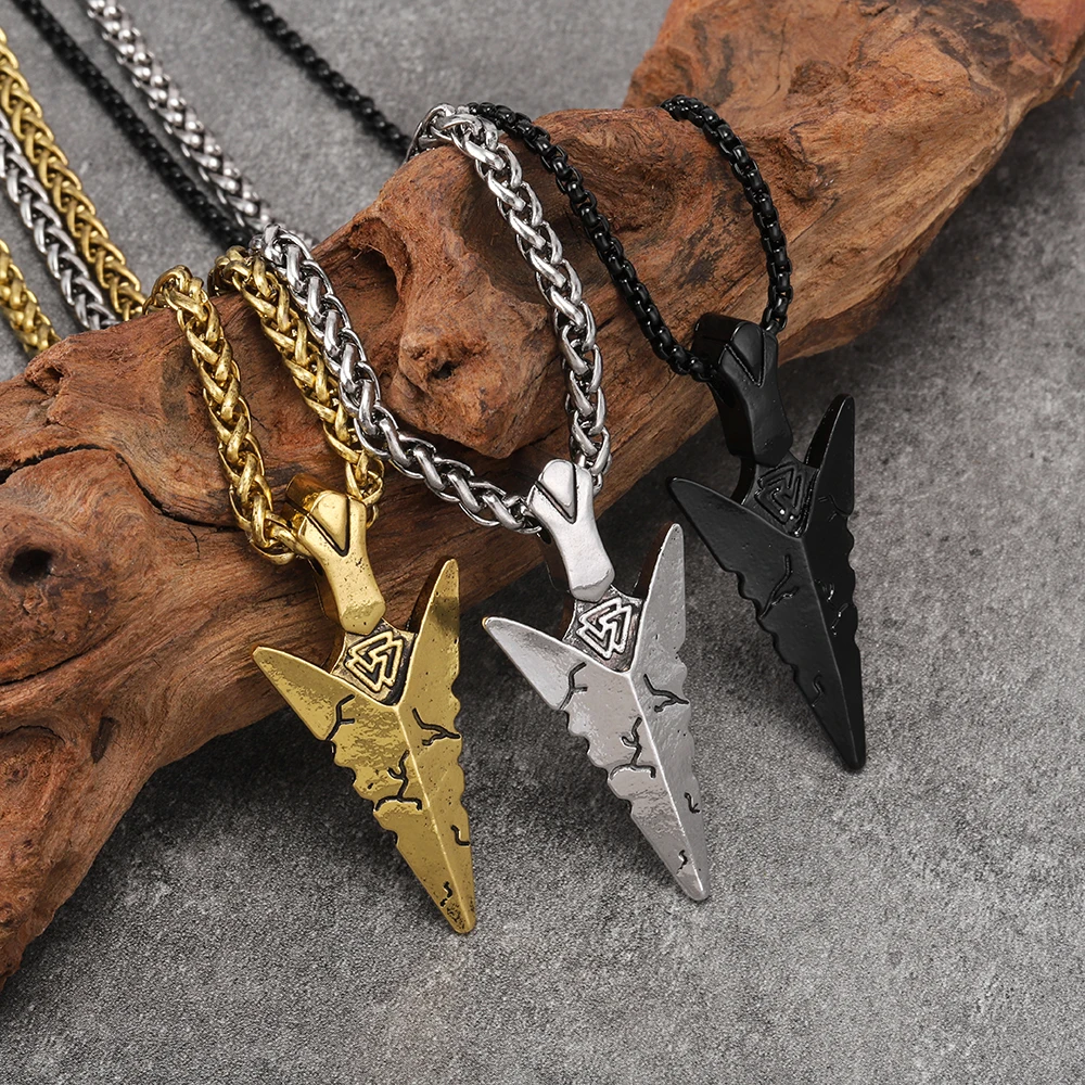 Viking Spearhead Rune Pendant Necklace – Vintage Distressed Punk-Style Streetwear Necklace – Festive Gift