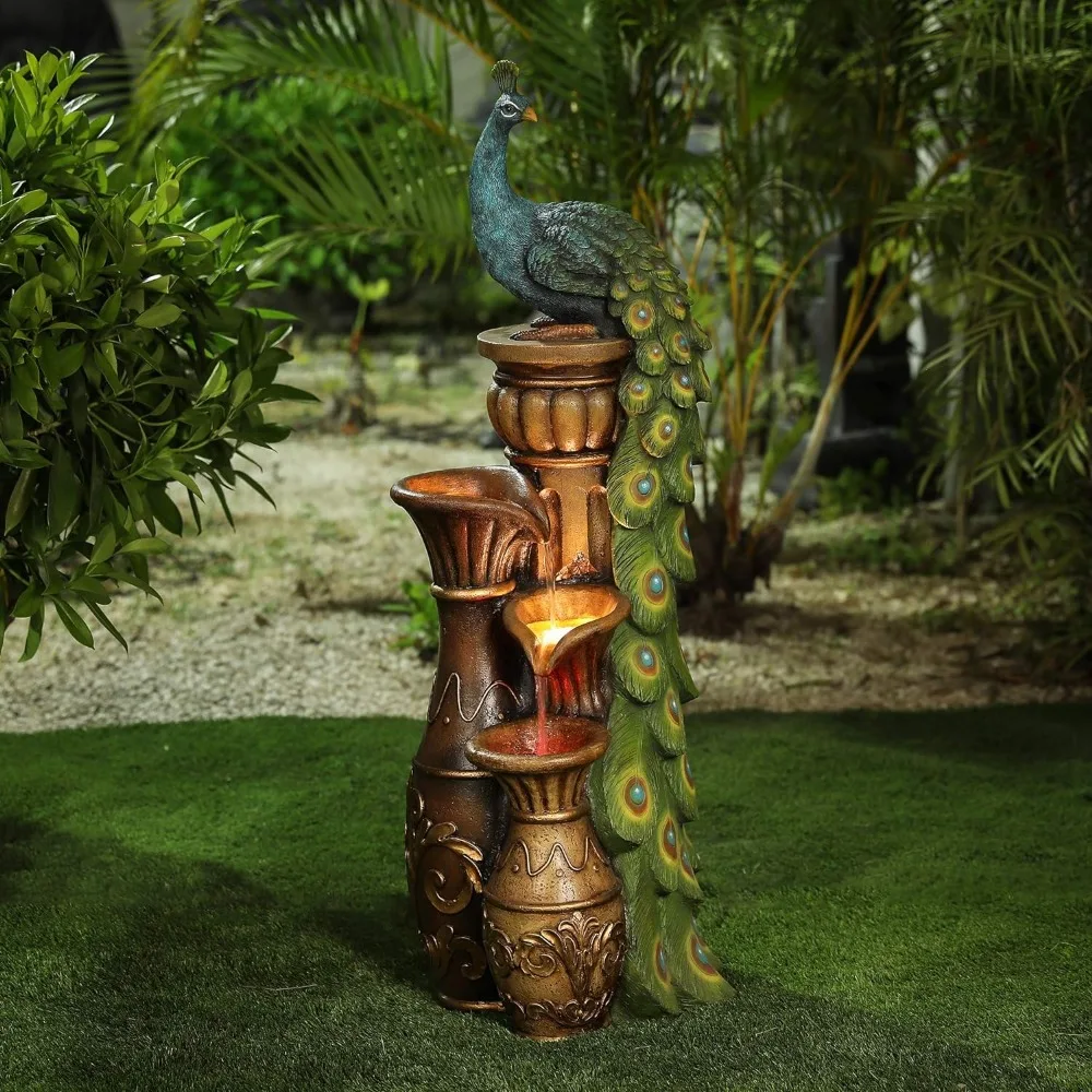 

44" Resin Pedestal Peacock and Urns Garden Water Fountain Outdoor with LED Light, Tall Fountains Outdoor for Garden Patio