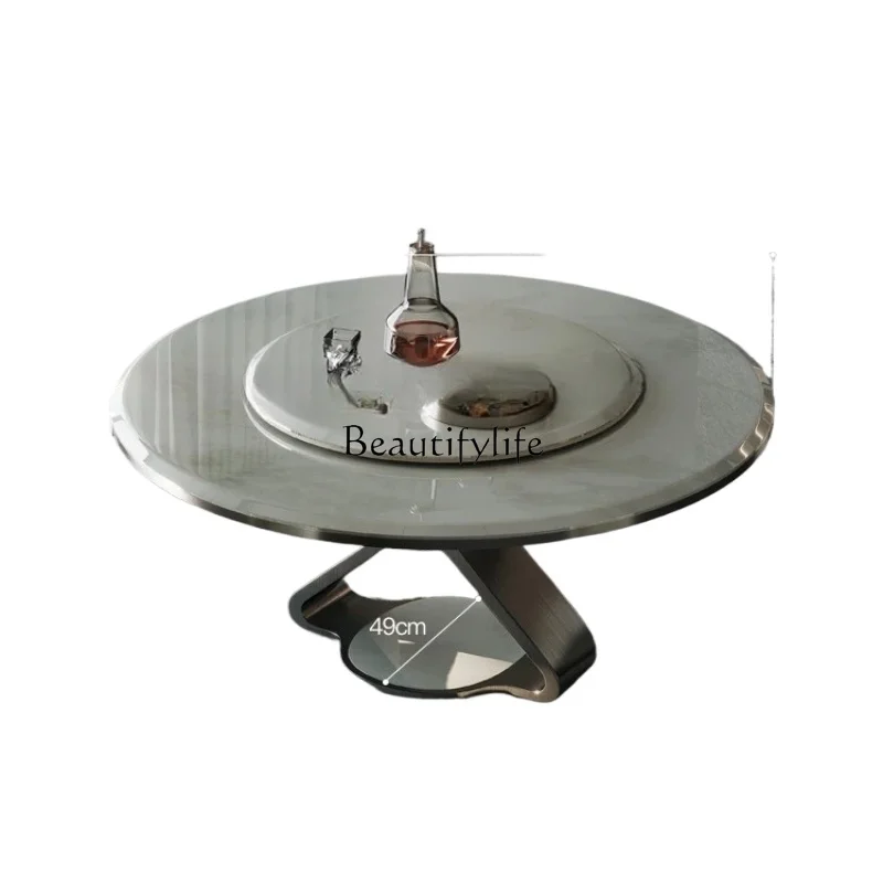 

Natural luxury stone round table Light luxury marble Stainless steel household turntable Modern simple villa dining table
