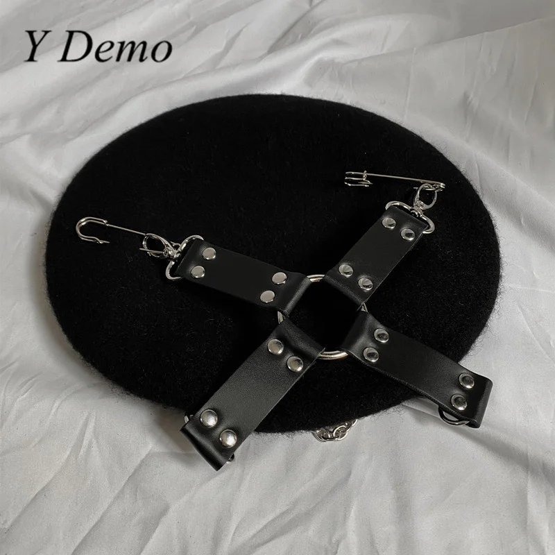 Y Demo Gothic Handmade Pu Cross Buckles Movable Pins Women\'s Beret Punk Hat Grunge