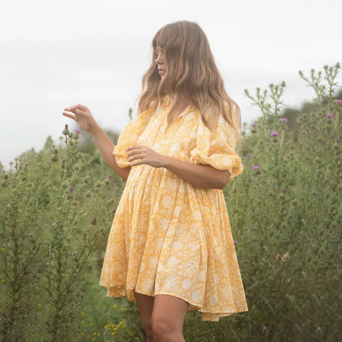 2024 Spring Oversized Holiday Dress V Collar Half Sleeve Loose Midi Dress Large Size Casual Printing Long Dress Boho