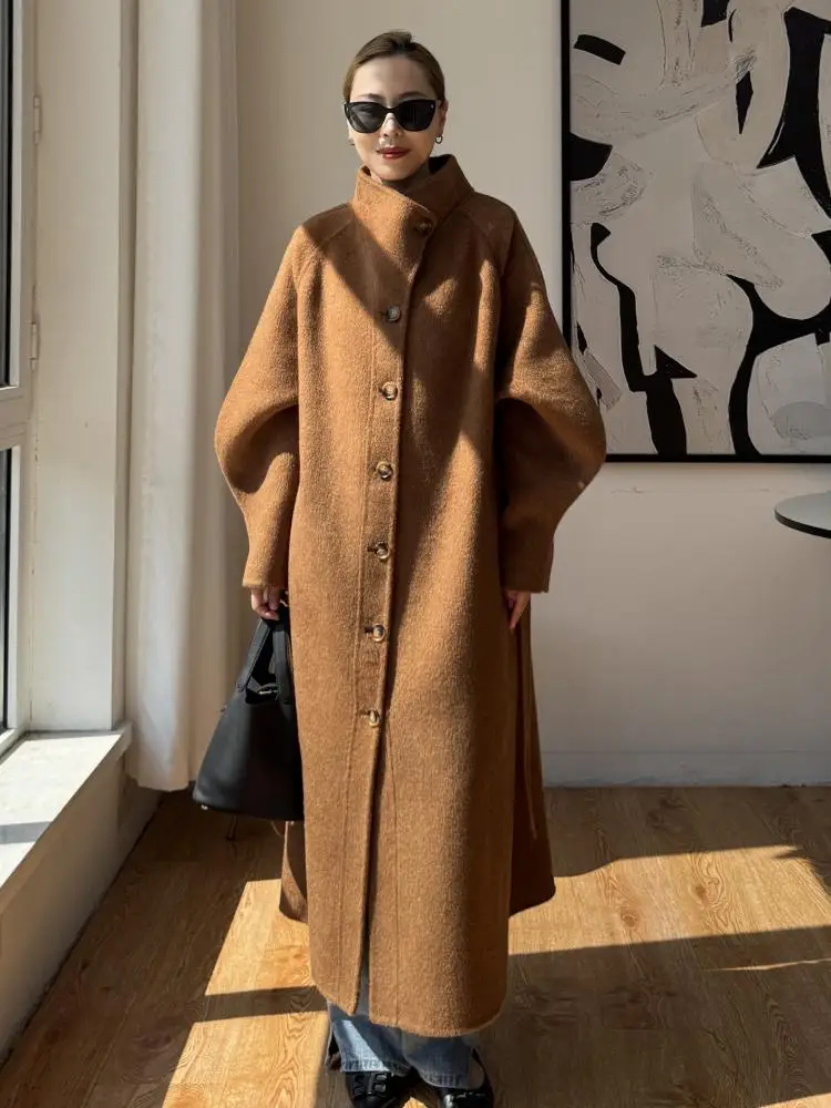 Bürodame einreihige Wolljacken 2025, Herbst- und Winteranzugkragen, Schnürung, lockere lange Damenmäntel aus 100 % Wolle