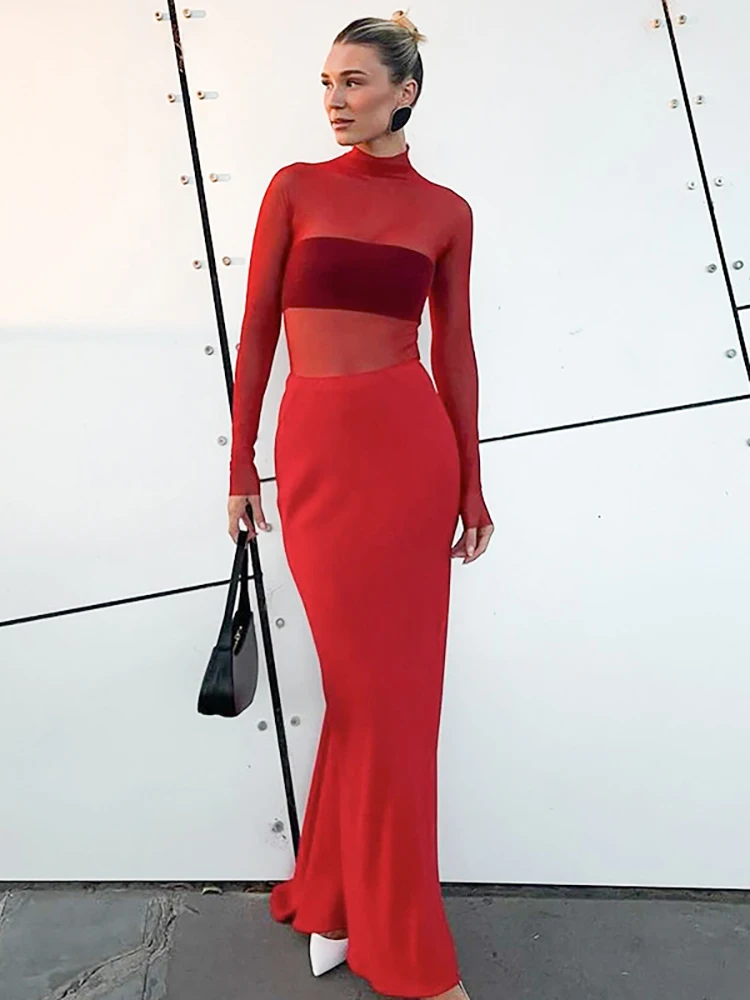 JULISSA MO Sexy See Through Mesh Women Maxi Dress Red Turtleneck High Waist Dress Female Summer Slim Elegant Party Clubwear 2024