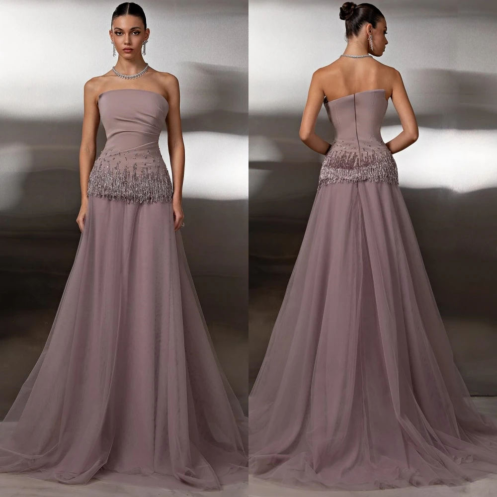 

Customized Elegant Chiffon Sweep Train Evening Dress Simple Sleeveless Prom Dresses Luxury Strapless Special Occasion Gowns
