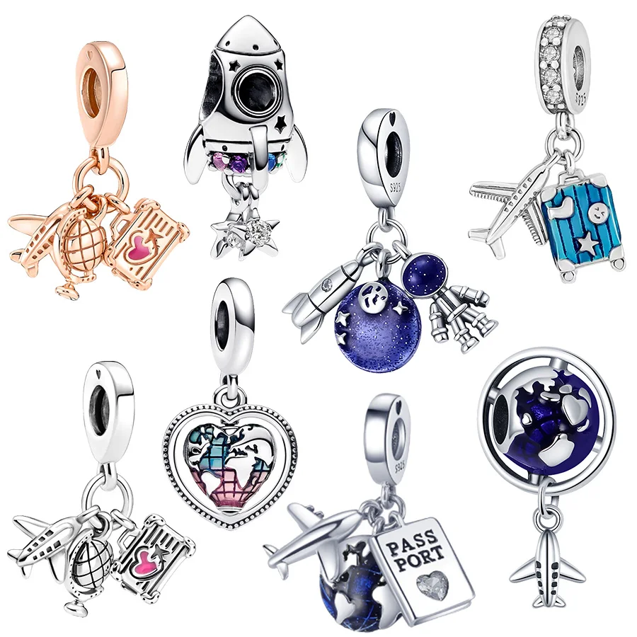 Hot Sale Airplane, Rocket，Globe & Suitcase Dangle Charm Bead Fit Original Silver 925 Pan Brand Bracelet DIY Women Jewelry Gift