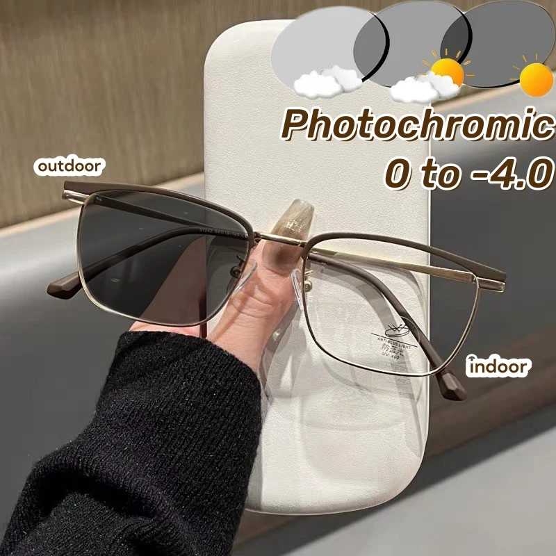 Ultra Light Photochromic Splicing Color Myopia Glasses Business Men Anti Blue Light Near Sight Glasses Women Half Frame Glasses