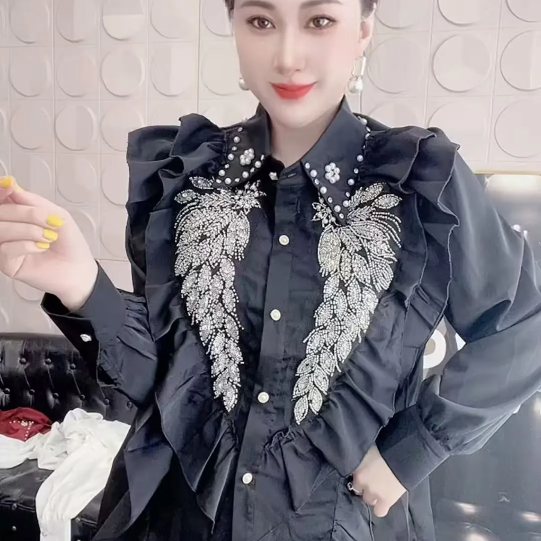 ลูกปัดเลื่อมฐานเสื้อแฟชั่นผู้หญิงเงาเลื่อมเสื้อฤดูใบไม้ร่วงสไตล์หลวมเสื้อผ้าสตรีขนาดใหญ่