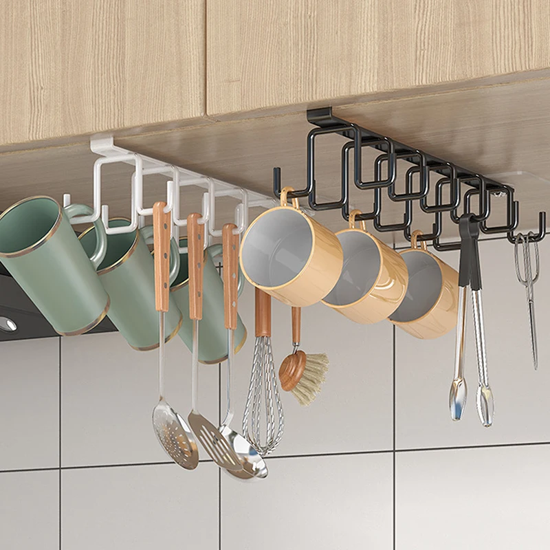 

Multifunction Double-row Storage Hook Wardrobe Cabinet Metal Shelves Hanging Hooks Punch-free Hanging Cup Holder Kitchen Tool