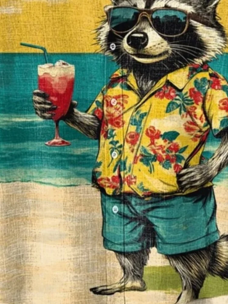 Men's Raccoon Drinking Juice At The Beach Vacation Print Casual Shirt Bohemian Beachwear Summer Single Breast Stand Collar Tunic