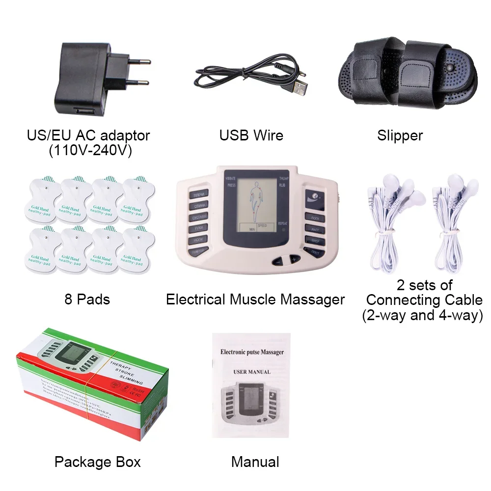 

New Russian button Electrical Muscle Stimulator Body Relax Muscle Massager Pulse Tens Acupuncture Therapy Slipper+8 Pads+box