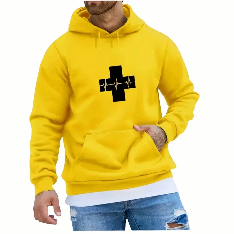 Cross with Heartbeat Printed Street Hoodies Fashion Kpop Letter Print Hoodie Men Autumn Loose Sweatshirt Male Streetwear Clothes