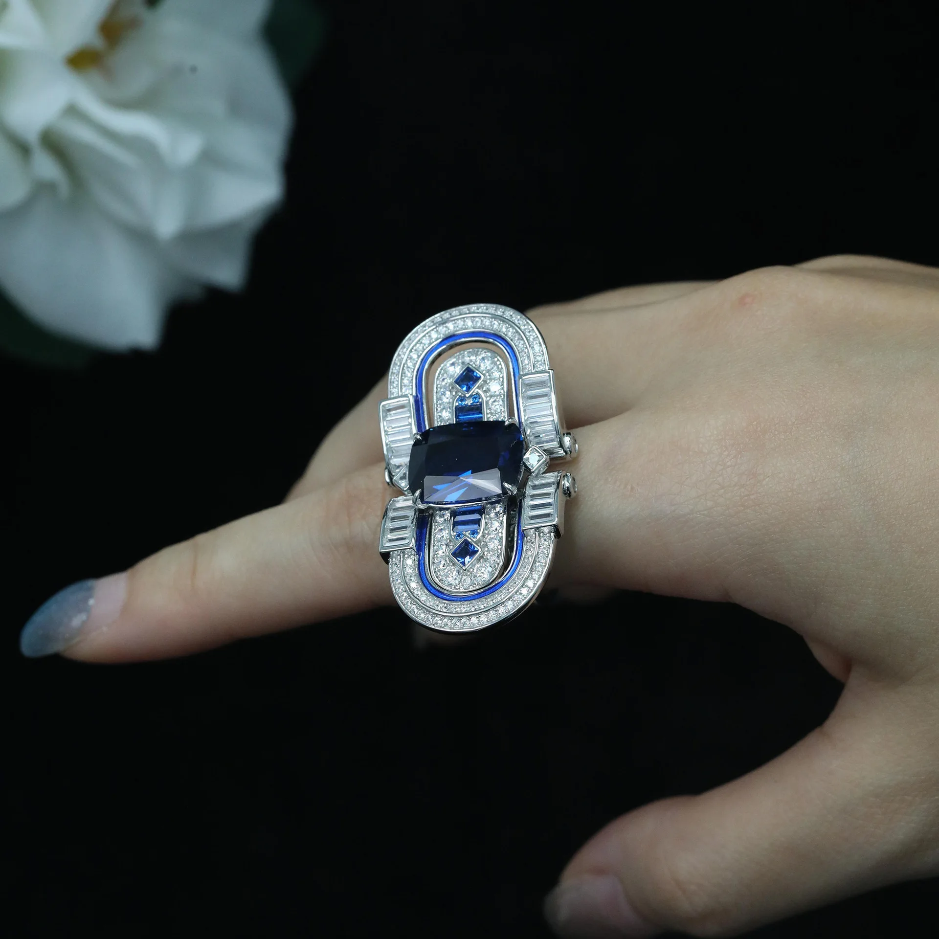 Lab-Grown Royal Blue Spinel Art Deco Statement Ring 925 Sterling Silver Fine Jewelry Engagement Daily Gala For Men And Women